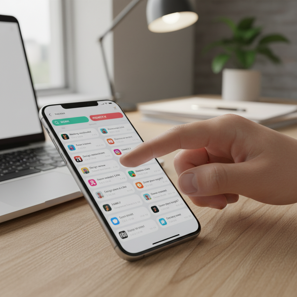 Funil de vendas no WhatsApp Business: do lead à recompra 2 Close de mão operando celular com mensagens organizadas para o funil de vendas no whatsapp business em foco.