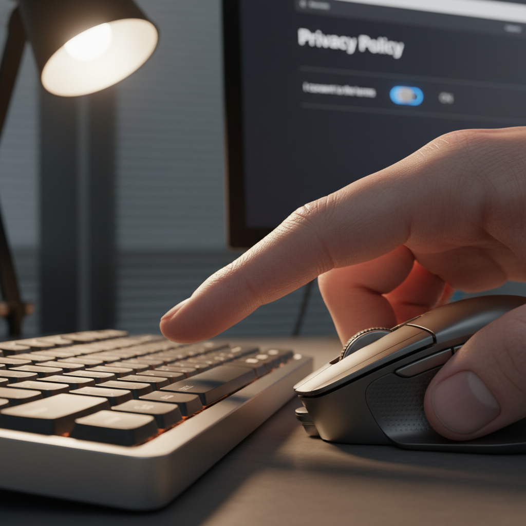 Close no detalhe de mão operando computador para configurar a conformidade da LGPD no marketing digital em um escritório.