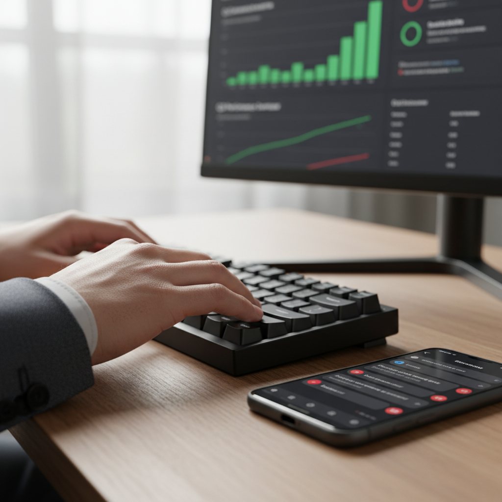 Close nas mãos de um atendente operando teclado e celular para monitorar métricas de atendimento whatsapp com precisão.