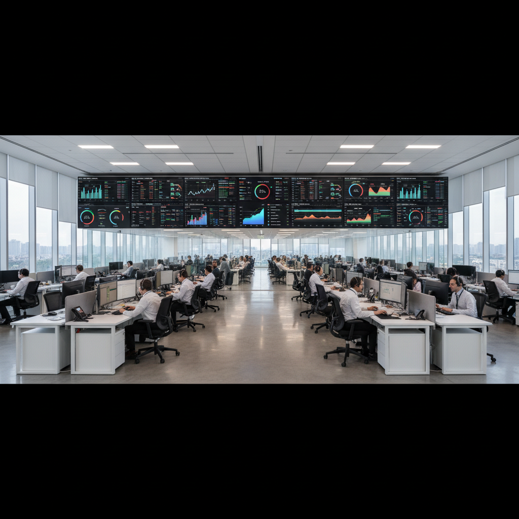 Escritório amplo com telas exibindo métricas de atendimento whatsapp em um ambiente corporativo moderno e iluminado.