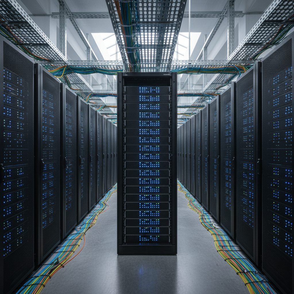 Infraestrutura de servidores e cabos conectada em um data center ilustrando o que é banda larga em escala industrial.