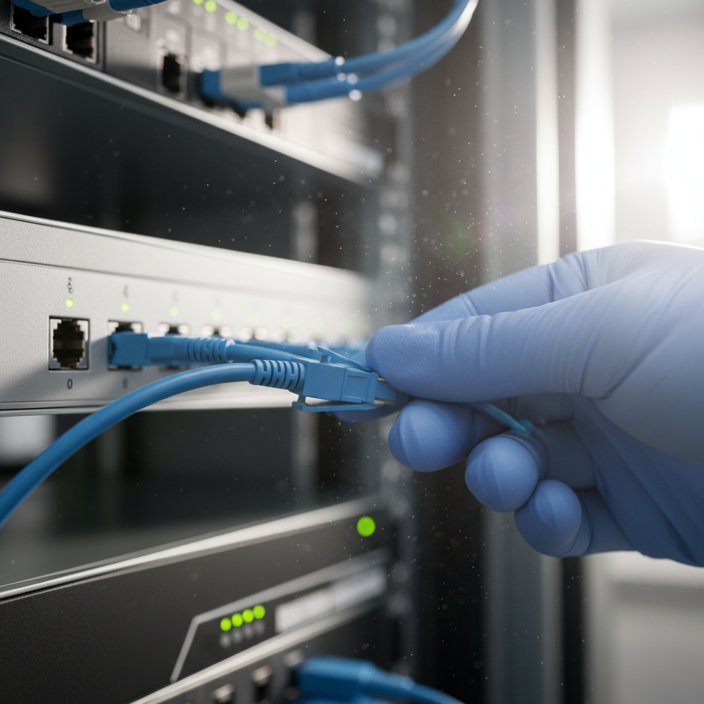Close técnico de conexão de cabos em servidor detalhando o que é cloud computing na prática no dia a dia operacional.