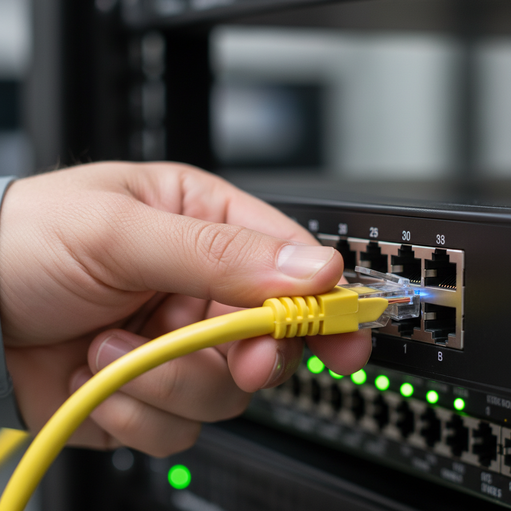 O que é IP público e privado e qual a diferença real 2 Detalhe de cabo de rede conectado a um roteador demonstrando na prática o que é ip público e privado.