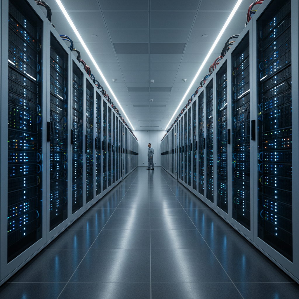 Servidores em um data center amplo para explicar o que é latência na internet e o processamento de dados.