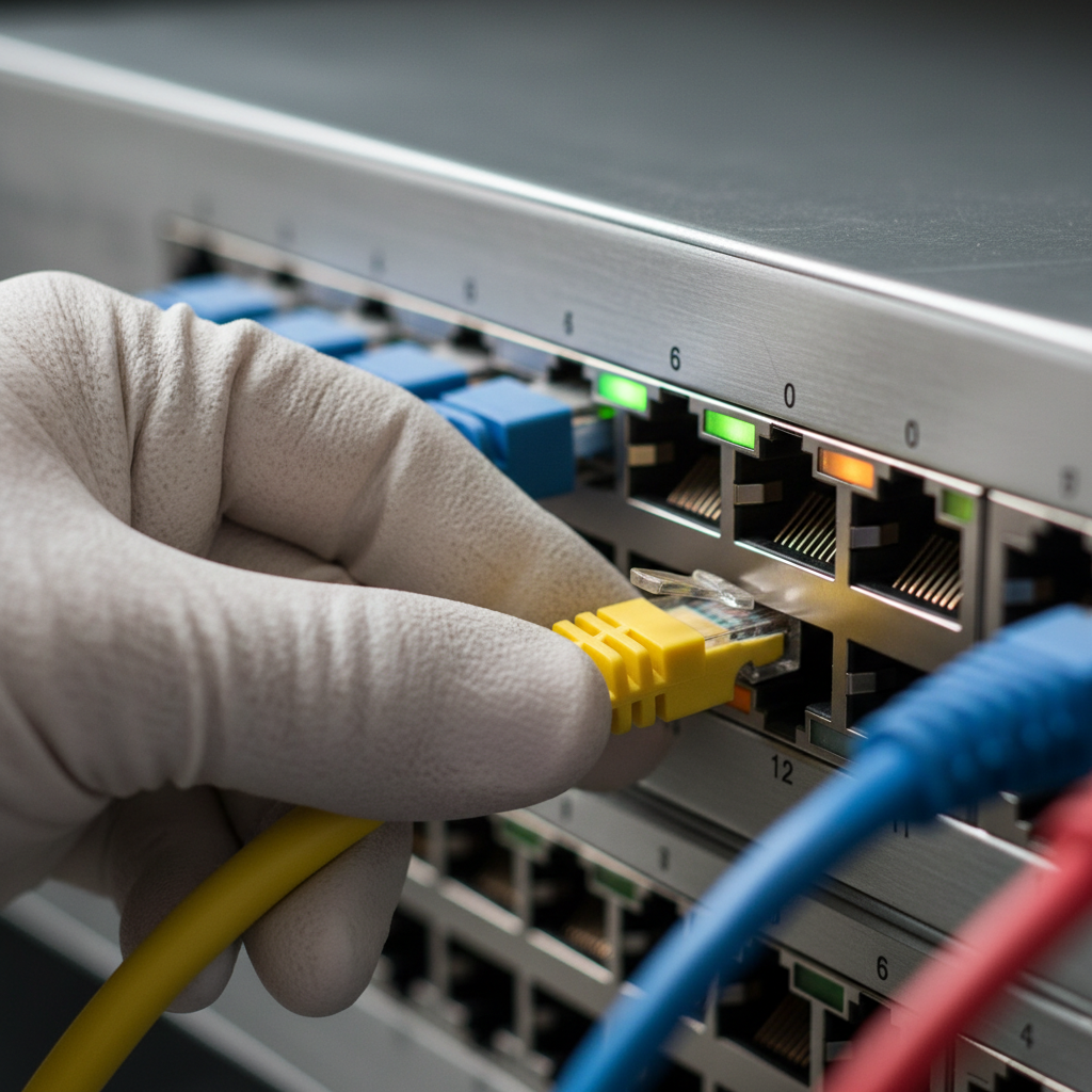 Close técnico de cabo de rede conectado a um servidor detalhando o que é proxy na prática operacional.