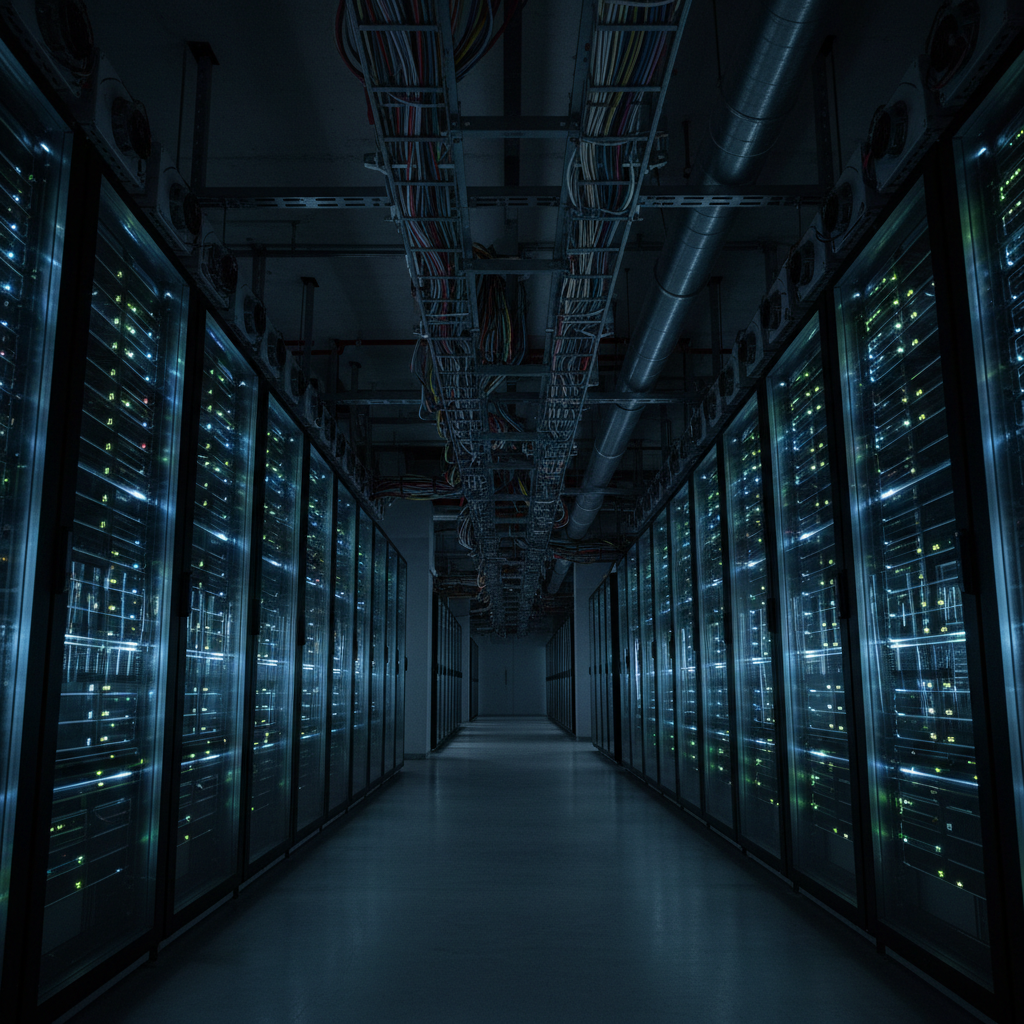 Data center amplo com servidores iluminados para explicar o que é proxy e como funciona a infraestrutura de rede.
