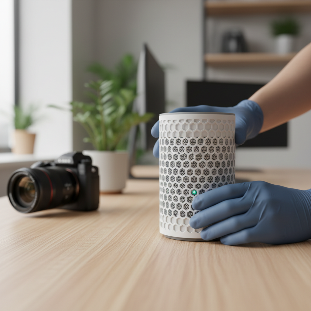 O Que É Rede Mesh e Quando Ela Realmente Compensa 2 Detalhe de mãos ajustando um roteador branco para explicar o que é rede mesh em uma mesa de madeira com foco seletivo.