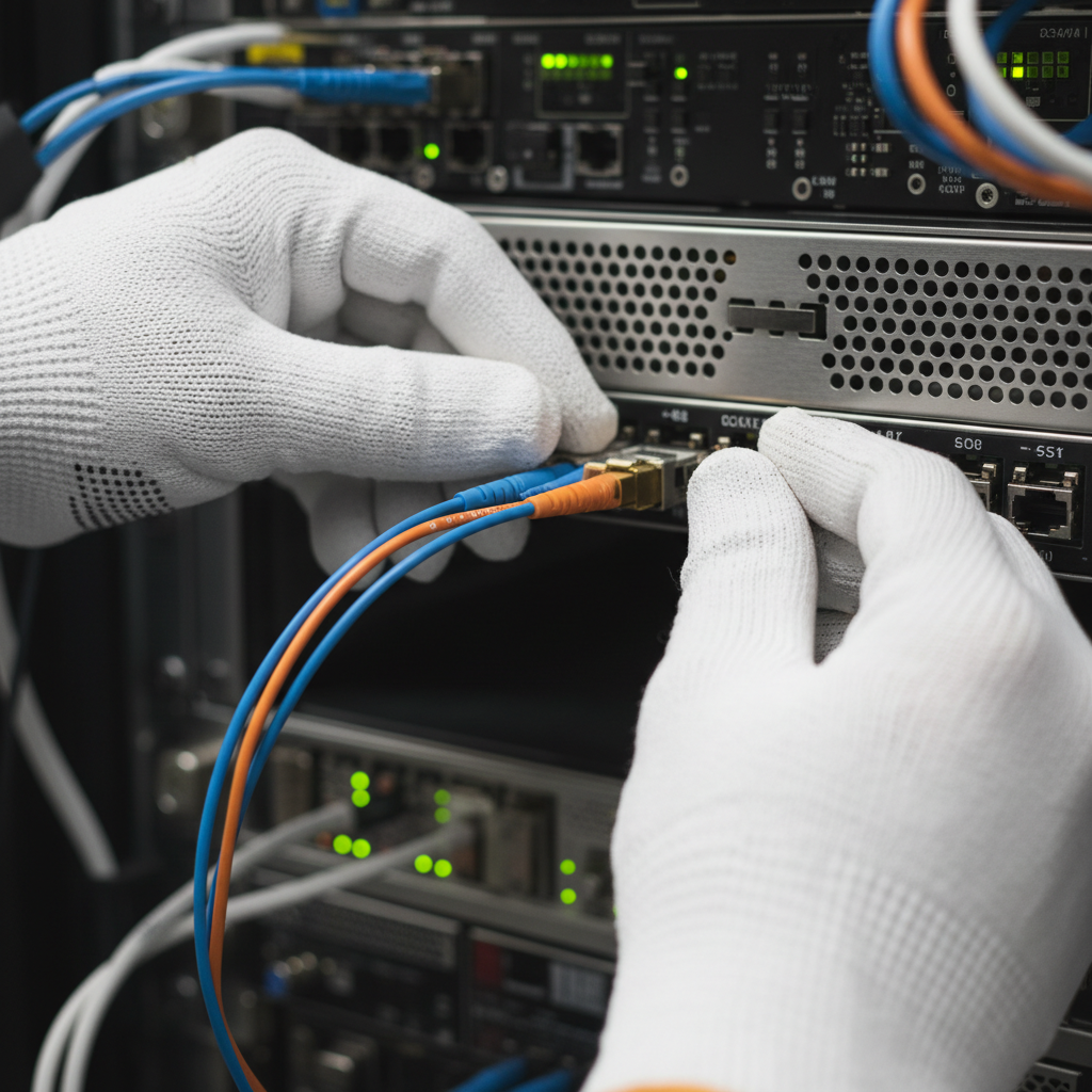 Close detalhado de cabos conectados a um hardware potente, exemplificando tecnicamente o que é servidor em operação.
