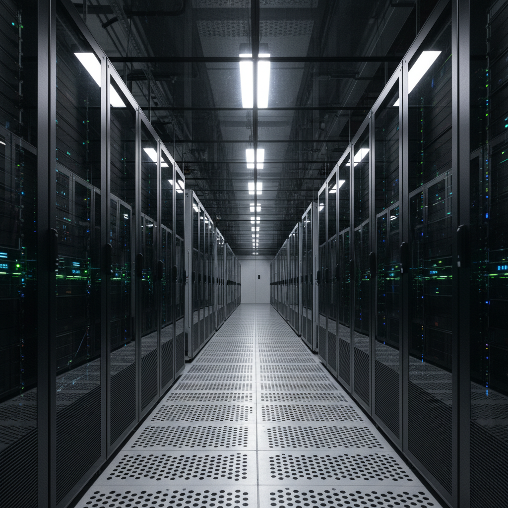 Vista panorâmica de um data center moderno com corredores de racks para explicar na prática o que é servidor de rede.