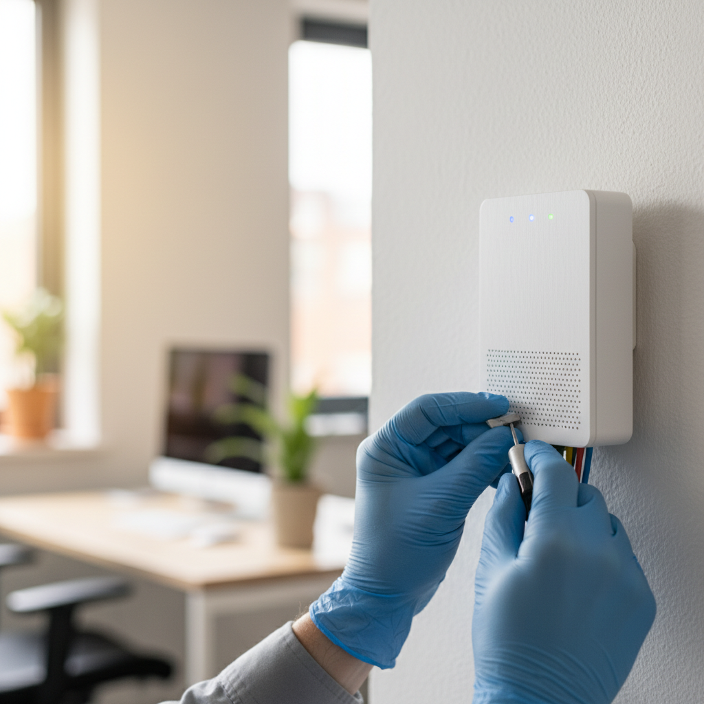 Detalhe de mãos técnicas operando roteador de uma plataforma omnichannel com wi-fi em ambiente profissional.