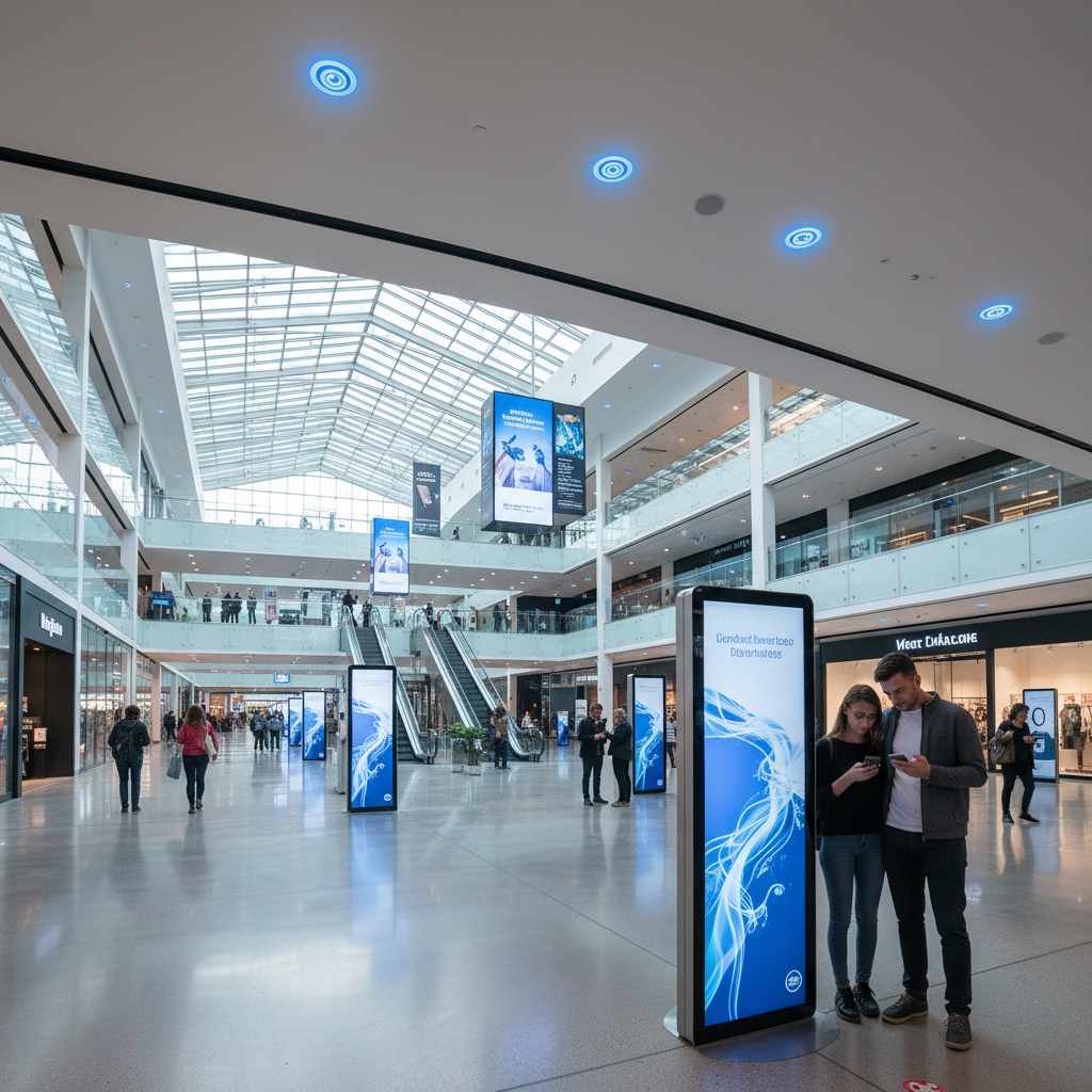 Visão ampla de shopping moderno integrado a uma plataforma omnichannel com wi-fi e clientes usando celulares.