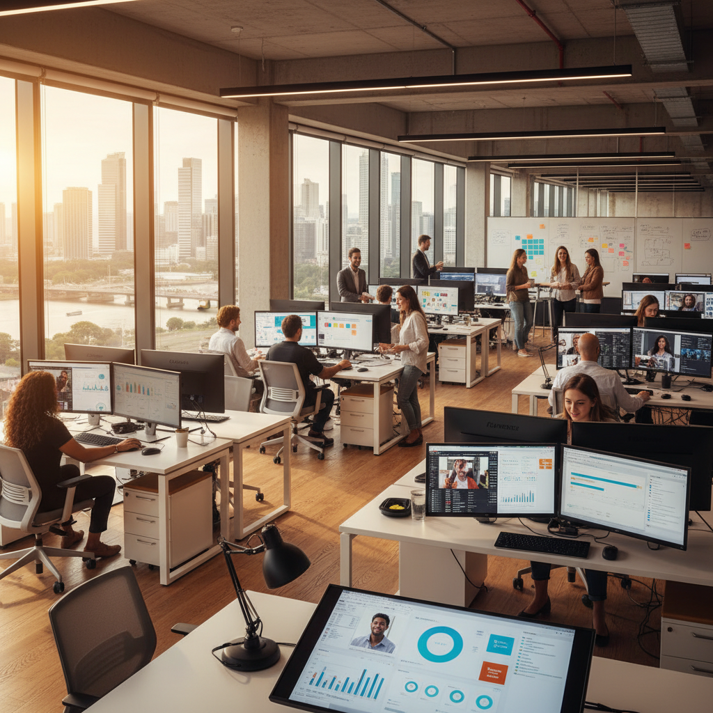 Equipe em escritório moderno analisando dados de remarketing no whatsapp em grandes monitores com luz natural.