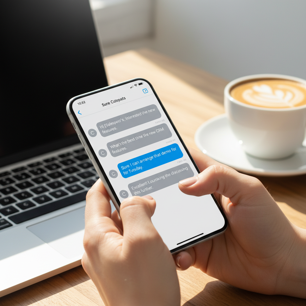 Scripts de Vendas WhatsApp: 9 Modelos Prontos e Método 2 Close nas mãos de um profissional usando celular com scripts de vendas whatsapp em uma mesa de trabalho organizada.