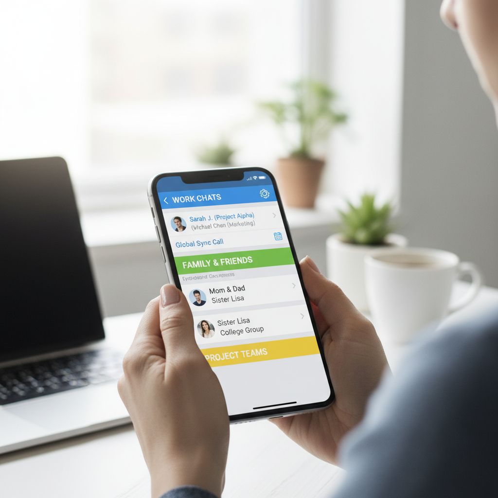 Close de mãos segurando celular com listas organizadas para segmentação de clientes no whatsapp em ambiente profissional.