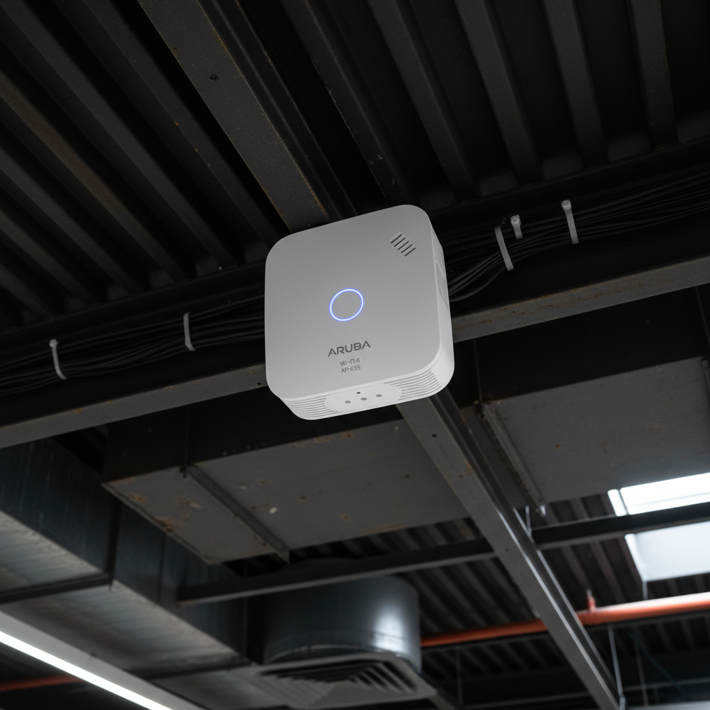 Detalhe de um roteador corporativo no teto de um comércio como parte da solução wi-fi para redes de lojas eficiente.