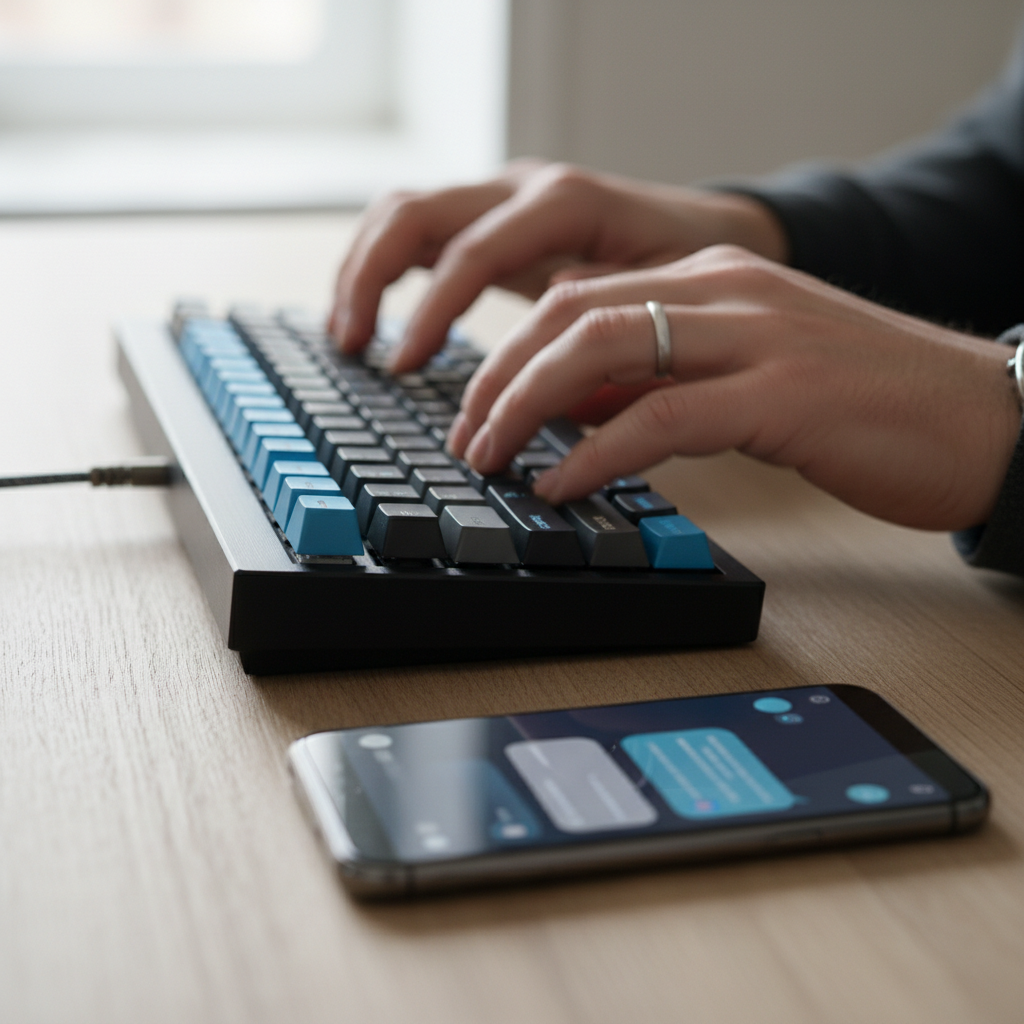 Close das mãos de um atendente digitando rápido no teclado buscando o tempo de resposta whatsapp ideal no suporte.