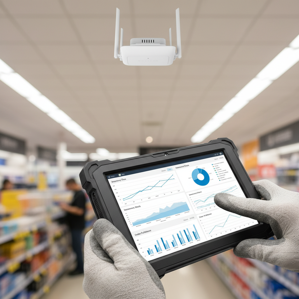 Close no tablet de um operador exibindo dados de estoque via wi-fi integrado ao erp em uma loja bem iluminada.