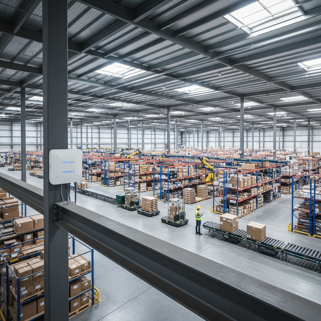 Visão ampla de armazém moderno com roteador industrial em destaque mostrando o wi-fi integrado ao erp na logística.