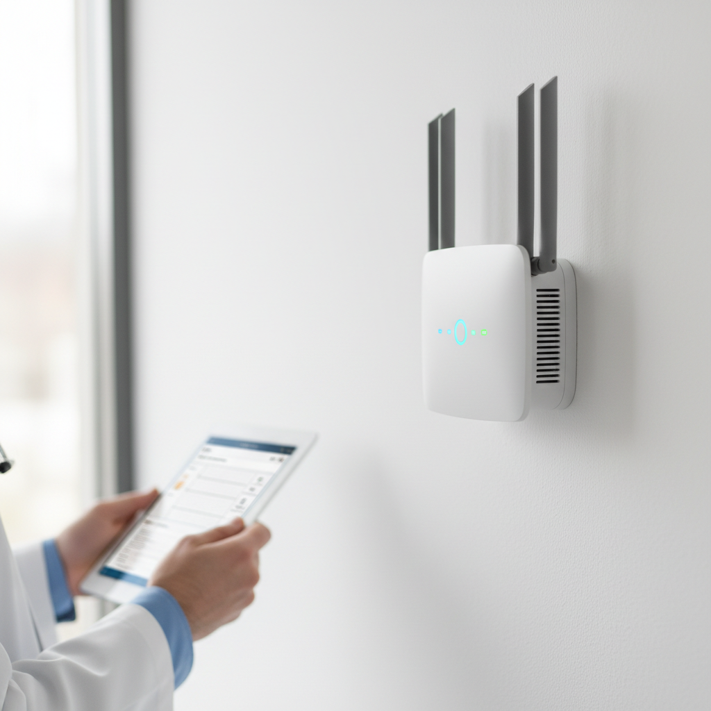 Detalhe de roteador profissional instalado em parede branca garantindo wi-fi para clínicas e consultórios.