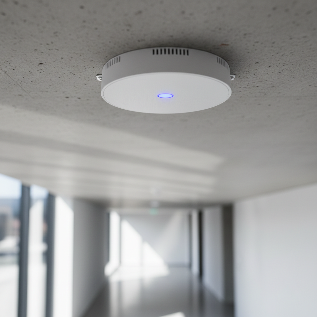 Wi-Fi para Condomínios: 4 Modelos e Como Decidir Certo 2 Detalhe em close de um roteador profissional instalado no teto garantindo sinal de wi-fi para condomínios e áreas comuns.