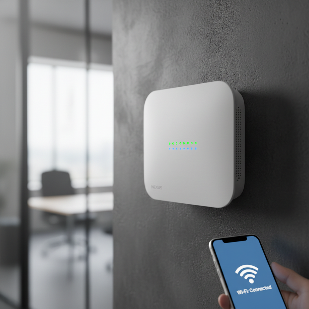 Detalhe de roteador empresarial instalado em parede moderna garantindo estabilidade de wi-fi para coworking e conectividade.