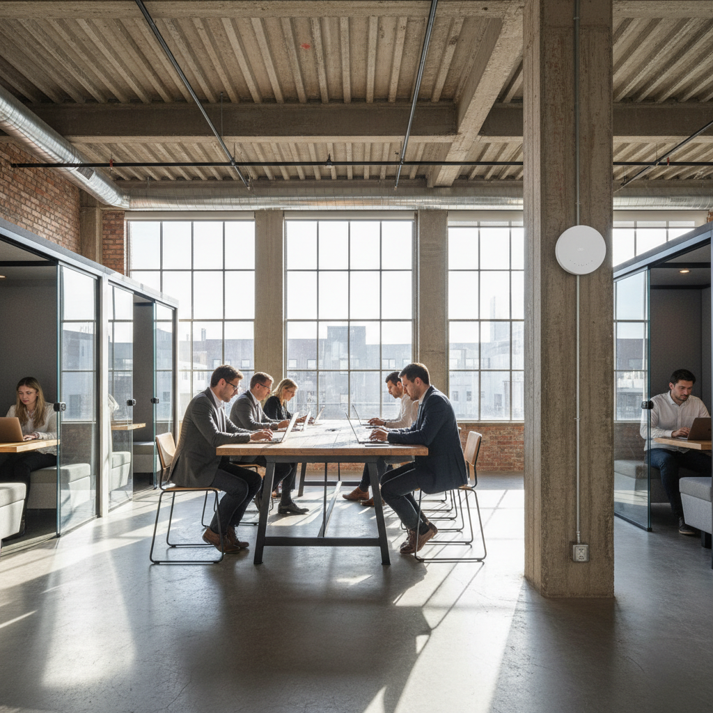 Ambiente amplo de escritório compartilhado com pessoas trabalhando e sinal de wi-fi para coworking de alta performance.