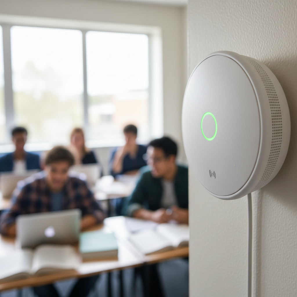 Detalhe de ponto de acesso branco em parede de sala de aula focado em wi-fi para escolas e universidades.