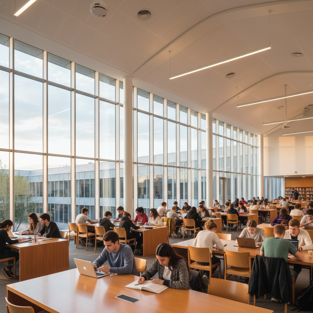 Alunos estudam em biblioteca ampla com roteadores de teto que garantem o wi-fi para escolas e universidades.