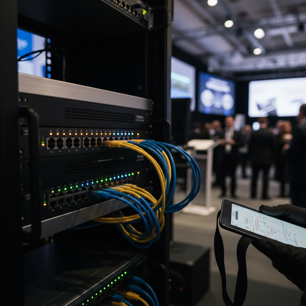 Detalhe de técnico ajustando roteador de alto desempenho garantindo o wi-fi para eventos corporativos em um congresso.
