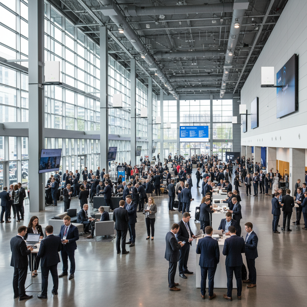 Vista panorâmica de um centro de convenções com infraestrutura de wi-fi para eventos corporativos e pessoas circulando.