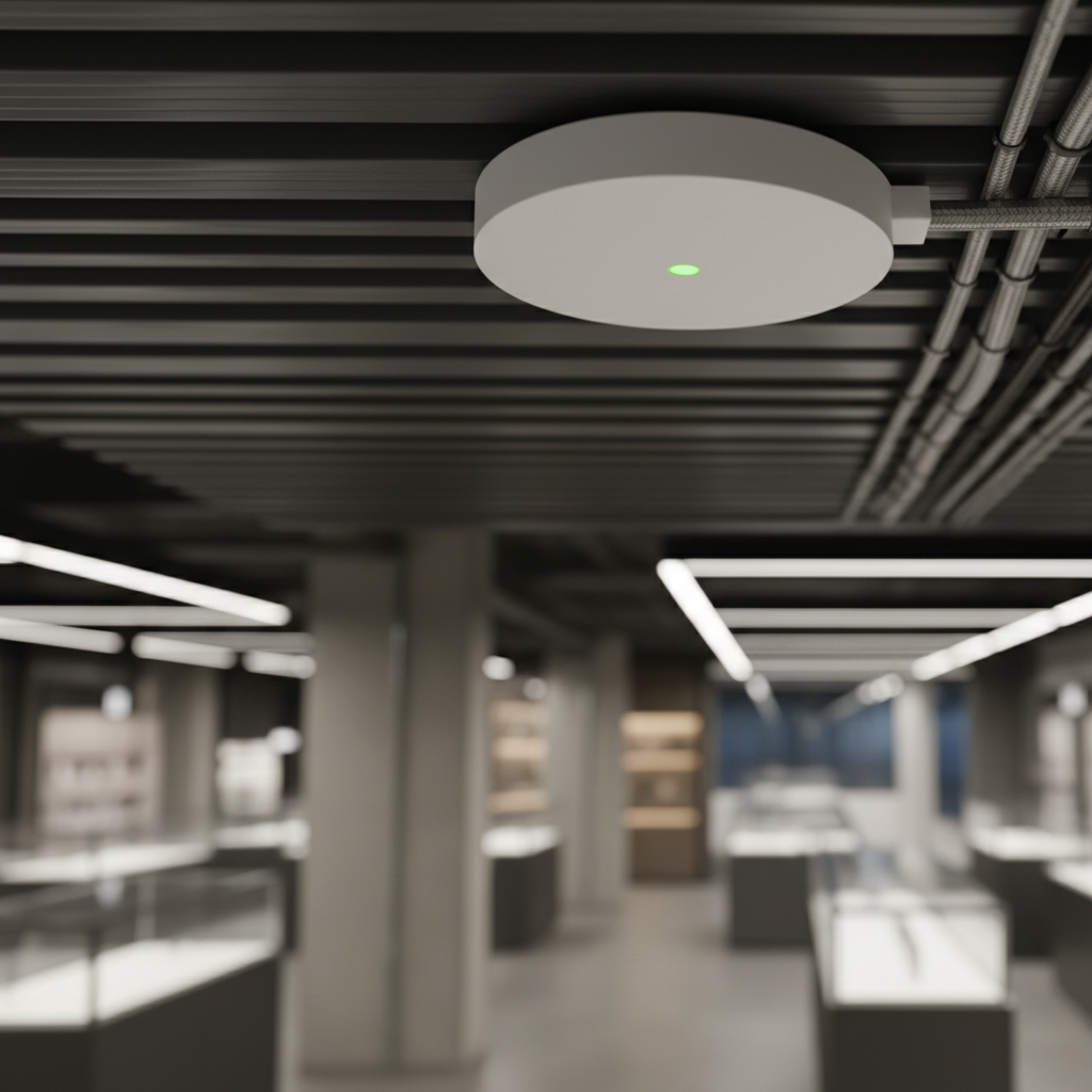 Detalhe em close-up de roteador empresarial branco no teto garantindo a cobertura de wi-fi para franquias de alto padrão.