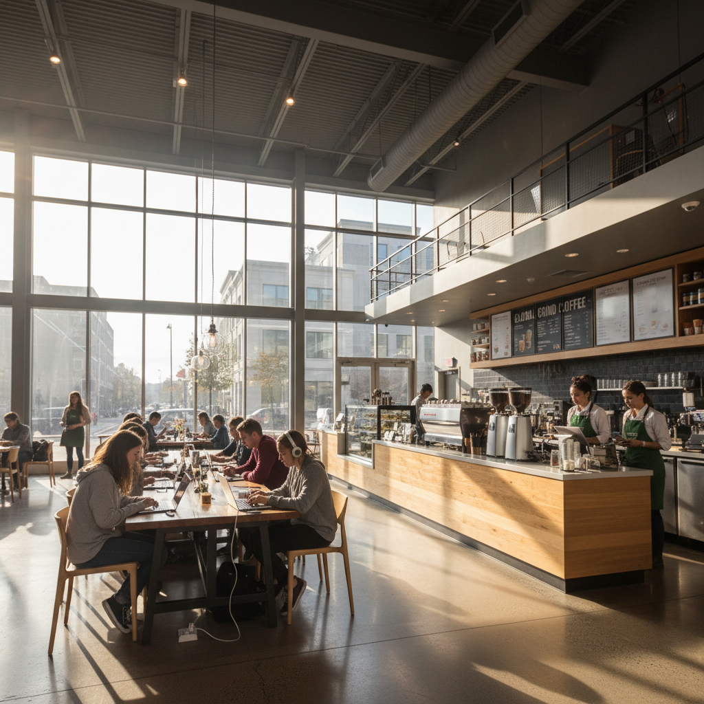 Ambiente amplo de cafeteria moderna com clientes usando laptops conectados ao sistema de wi-fi para franquias em rede estável.