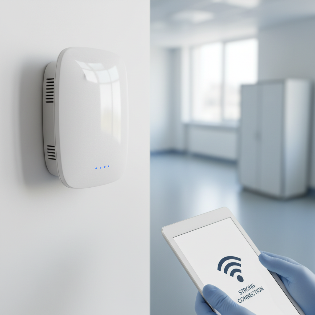 Detalhe de tablet médico e roteador instalado na parede garantindo conexão estável de wi-fi para hospitais e clínicas.