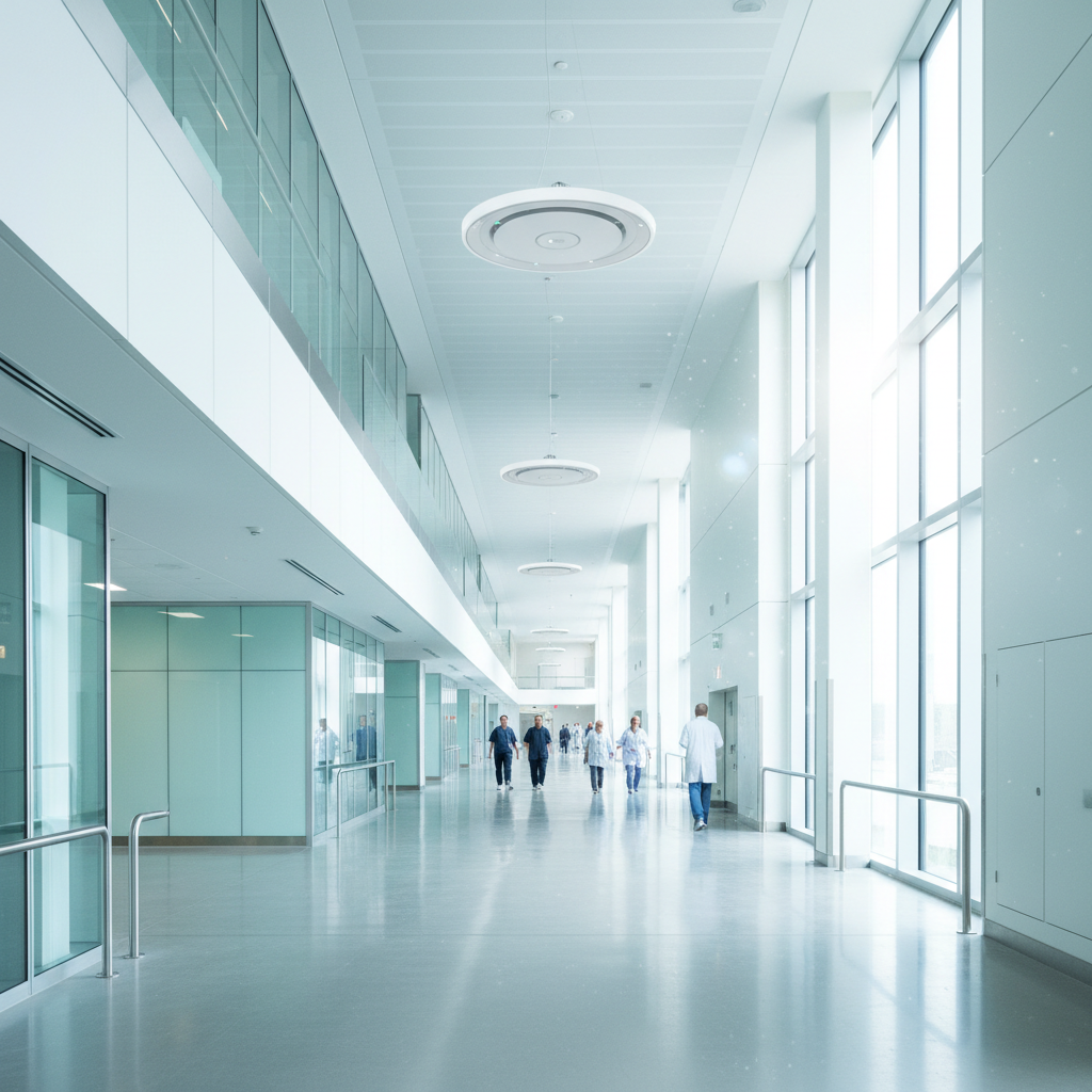 Corredor amplo de hospital moderno com equipamentos no teto garantindo a rede wi-fi para hospitais de alta tecnologia.