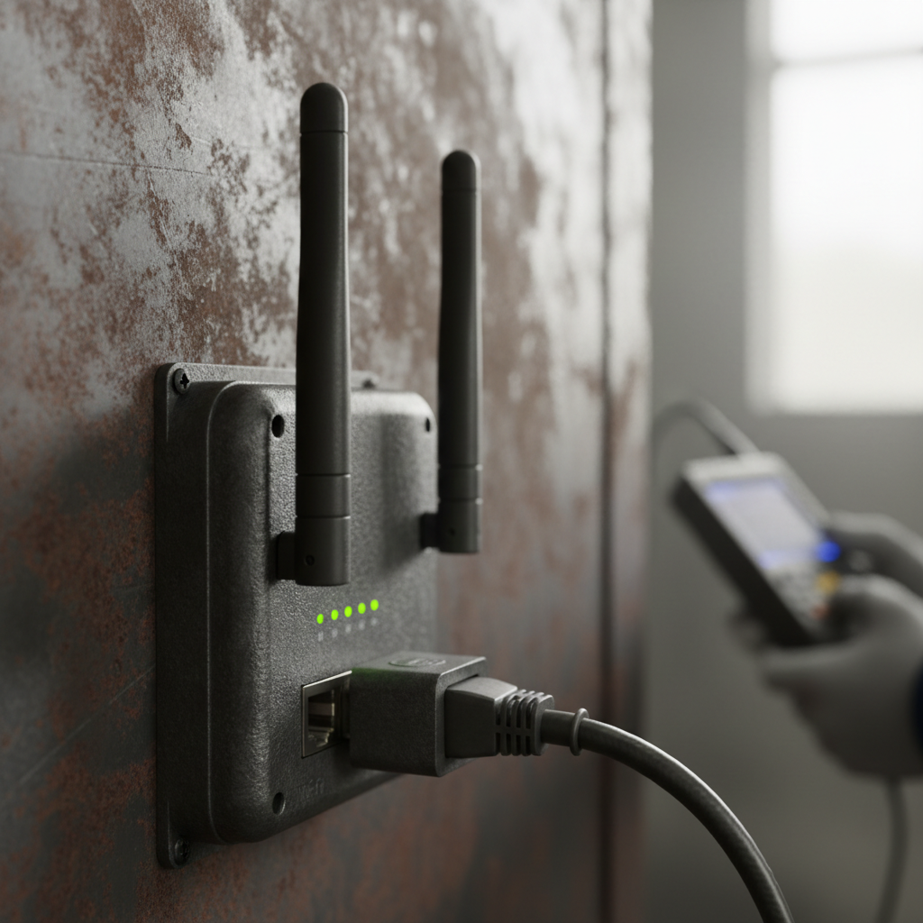 Close detalhado em roteador robusto com antenas e cabos para conexão de wi-fi para indústria em ambiente fabril.