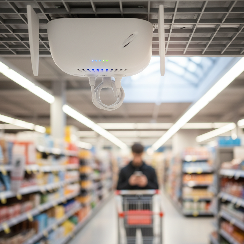 Close em roteador profissional branco instalado no teto garantindo sinal de wi-fi para supermercados e clientes.