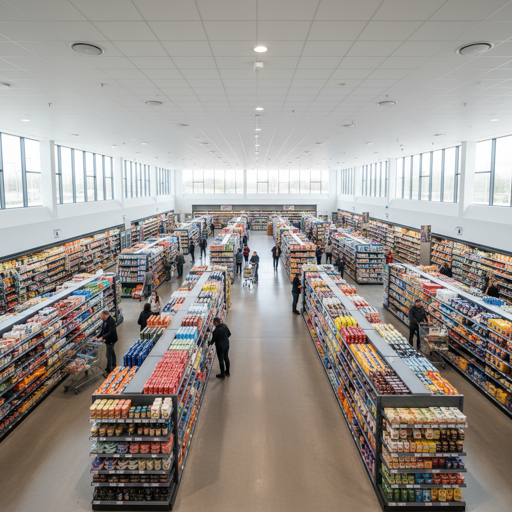 Vista ampla de um corredor de mercado moderno com antenas de wi-fi para supermercados instaladas no teto alto.