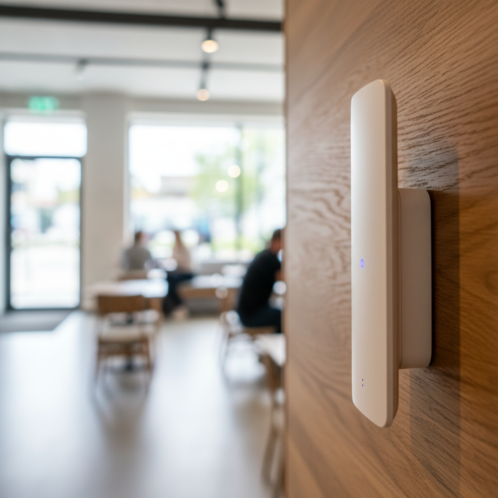 Detalhe de roteador corporativo em parede de madeira, parte da rede wi-fi para turismo e hotelaria estratégia.