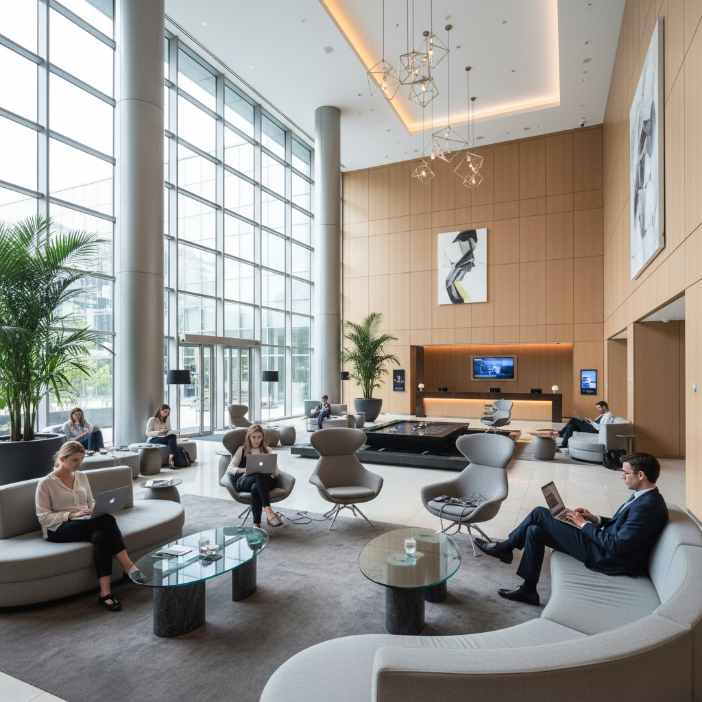Vista ampla de saguão de hotel moderno com hóspedes conectados, ilustrando wi-fi para turismo e hotelaria estratégia.