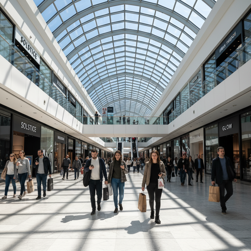 Pessoas em um shopping amplo usando celulares em busca de wi-fi para varejo aumento de vendas e promoções.