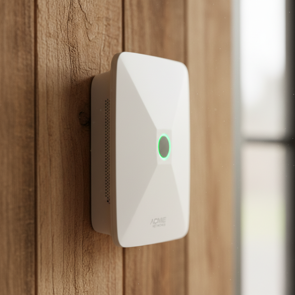 Detalhe de roteador corporativo branco fixado na parede para campanhas de remarketing com wi-fi em alta performance.