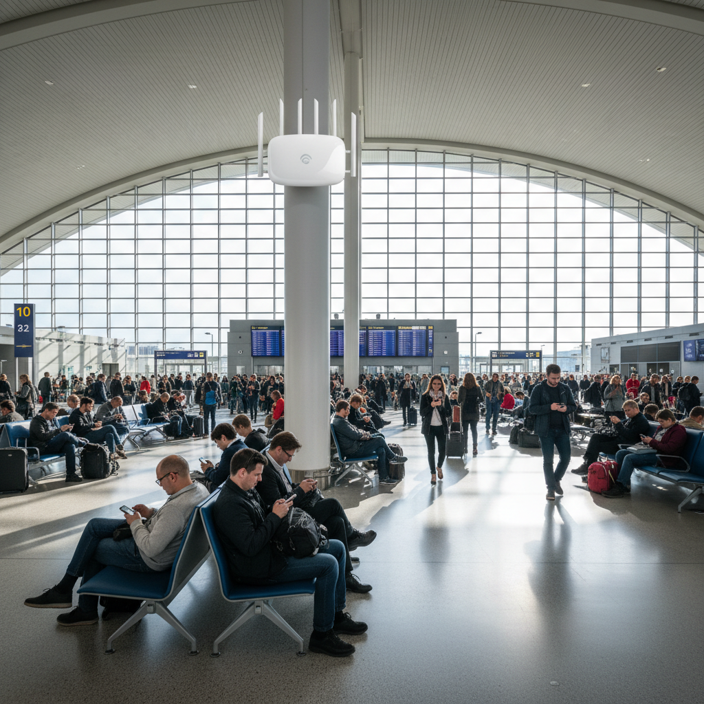 Pessoas usando celular em aeroporto amplo para campanhas de remarketing com wi-fi em ambiente movimentado.
