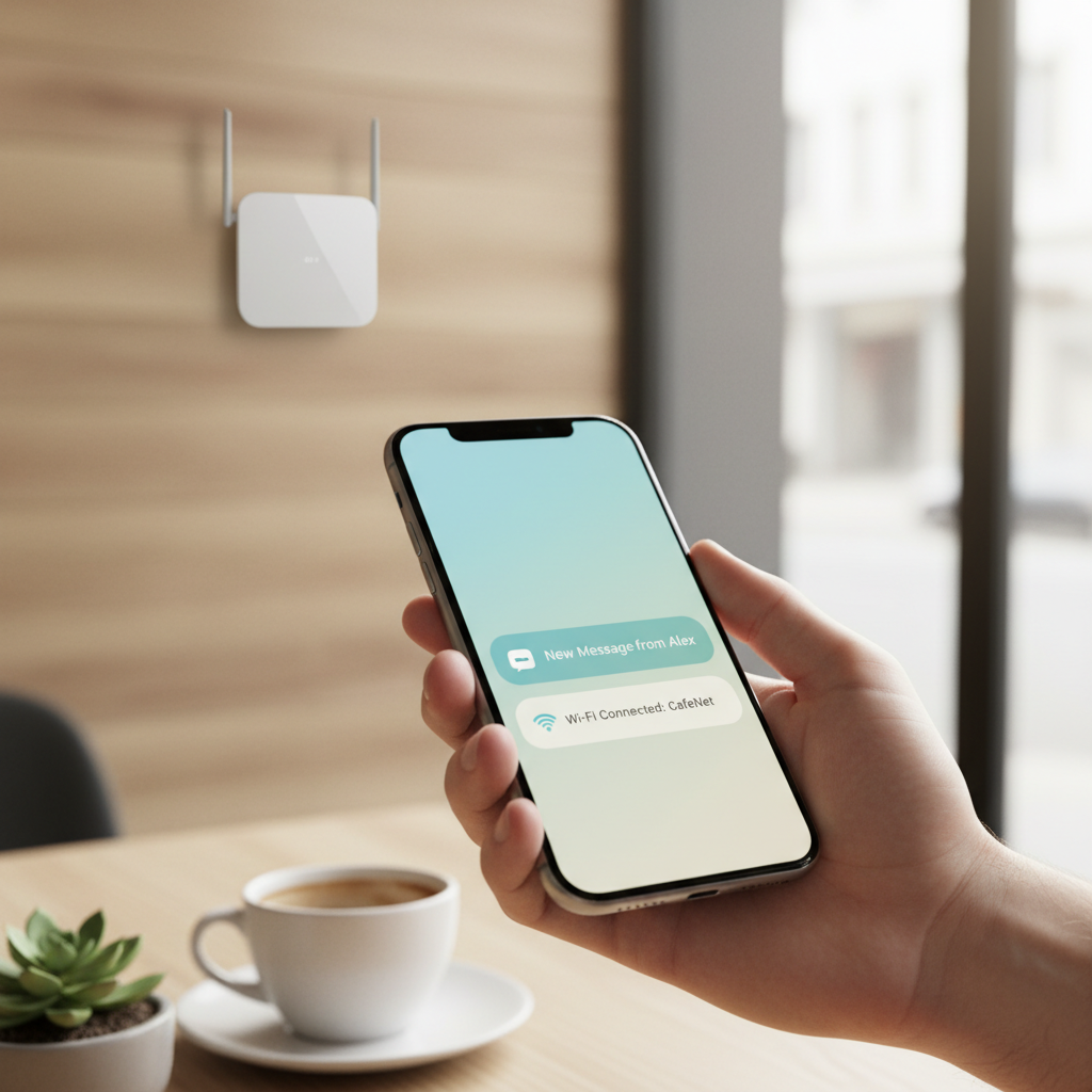 Smartphone recebe notificação em close evidenciando o uso prático de geofencing e wi-fi marketing em um café.