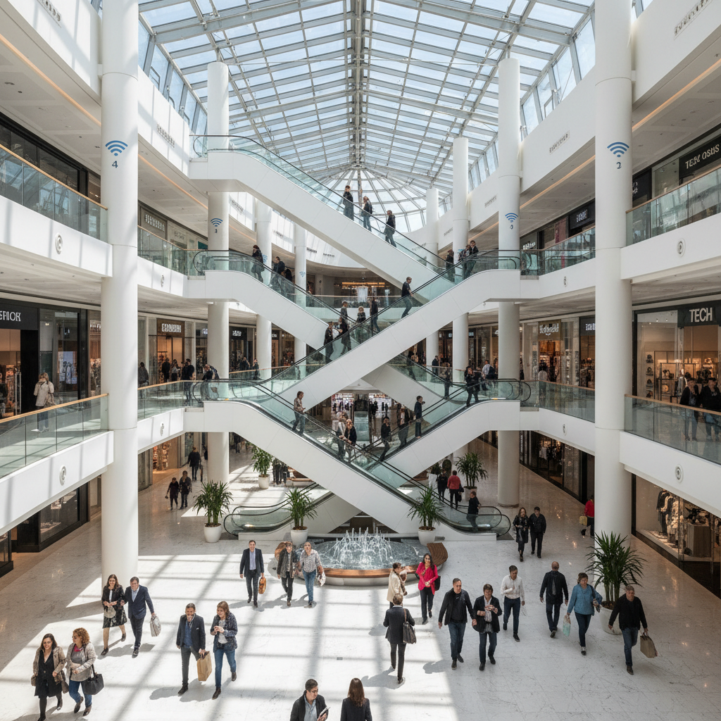 Vista panorâmica de shopping movimentado com tecnologia de geofencing e wi-fi marketing integrada ao ambiente amplo.