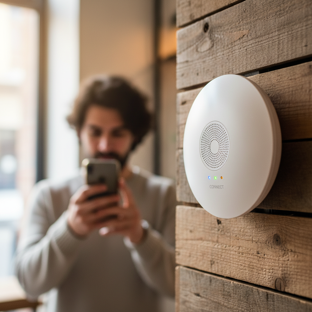 Indicadores de Wi-Fi Marketing: 12 Métricas do PDV 2 Close em roteador de teto em um café destacando a coleta de indicadores de wi-fi marketing e conectividade.