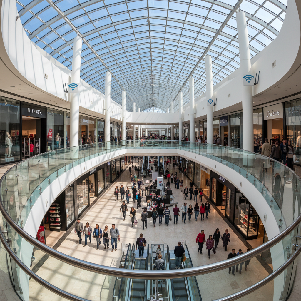 Indicadores de Wi-Fi Marketing: 12 Métricas do PDV 3 Vista panorâmica de shopping movimentado para análise de indicadores de wi-fi marketing e fluxo de visitantes.