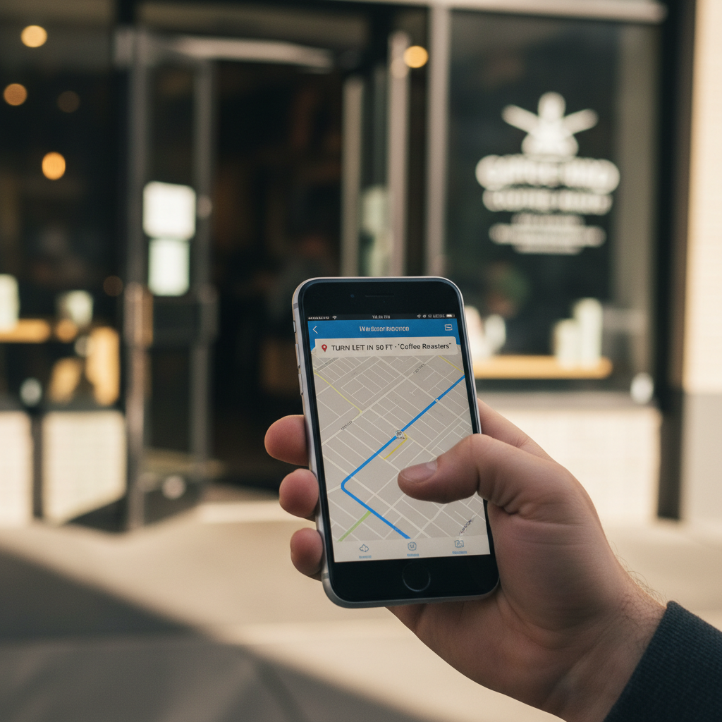 Close no celular exibindo notificação de oferta personalizada por marketing baseado em localização em frente a uma loja.