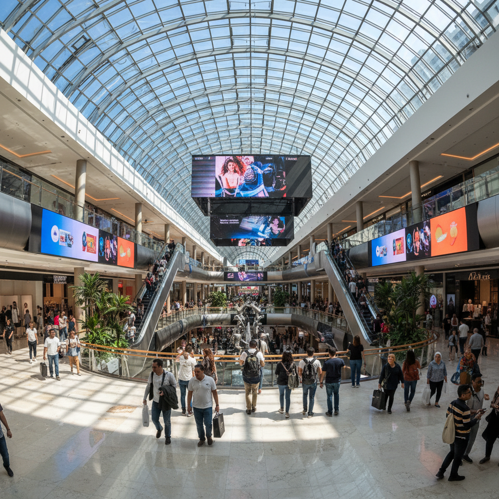 Vista panorâmica de um shopping movimentado exemplificando o alcance do marketing baseado em localização em grandes centros.
