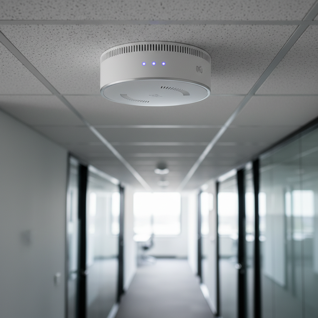 Detalhe de um roteador corporativo branco instalado para estratégias de marketing de proximidade com wi-fi.