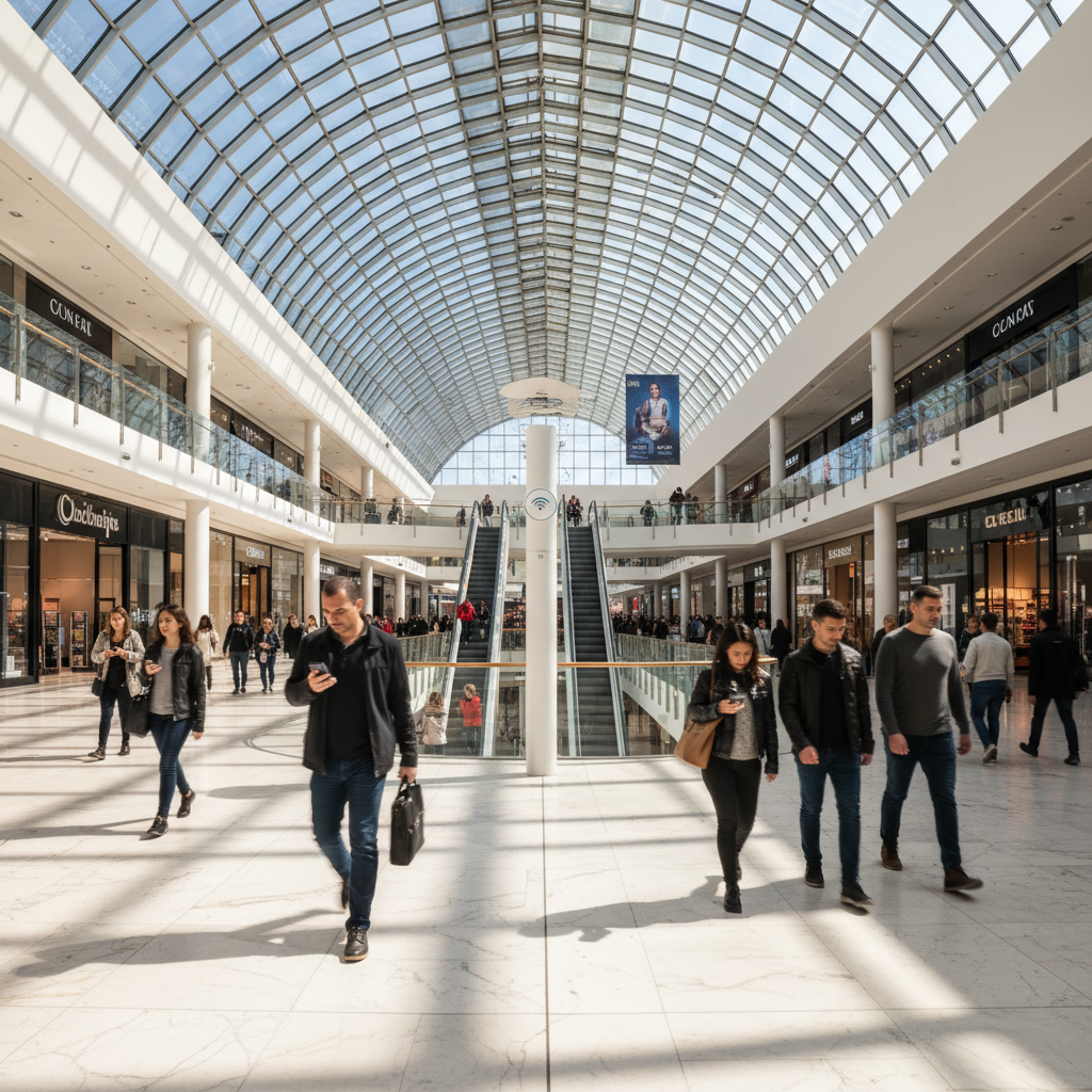 Vista ampla de shopping com pessoas usando celular e antena para marketing de proximidade com wi-fi no teto.